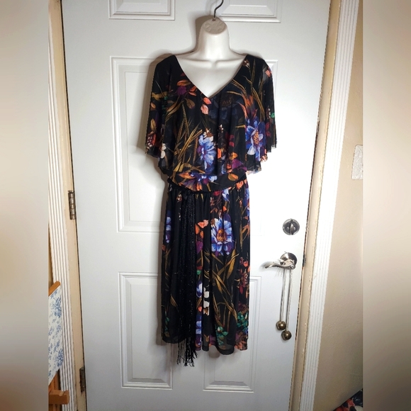 Connected Apparel Sleeveless Chiffon Cape-like Ruffle Floral V-Neck Dress NWT - Picture 2 of 7